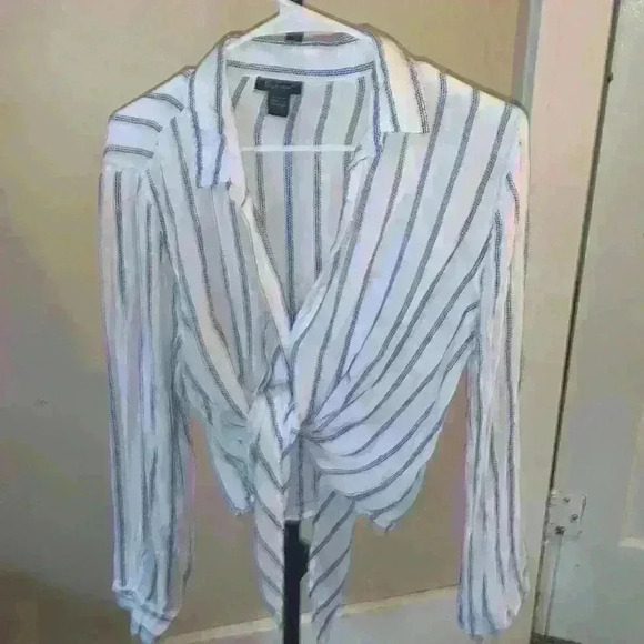 Ladies Office Tops Blouse Shirt For Woman Female Blue Striped - Picture 2 of 4